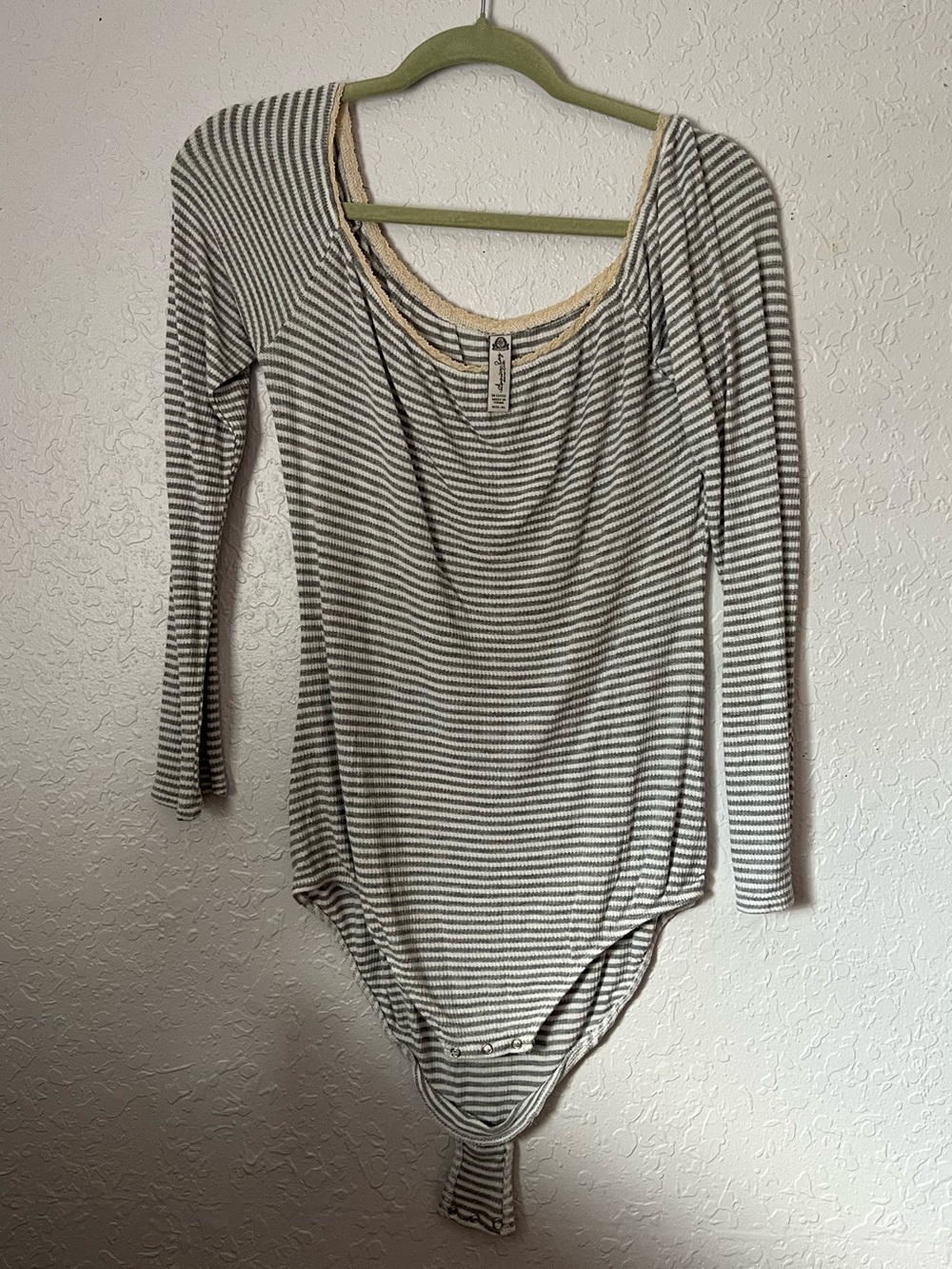 American Rag Striped Long-Sleeve Off-the-shoulder Bodysuit in Cream and Gray